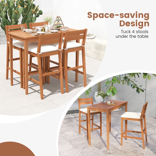 Gymax Outdoor Eucalyptus Wood Bar Table Outdoor Bar Height Dining Table for 4 People Natural
