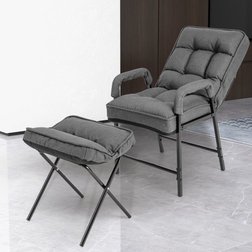 Gymax Modern Accent Chair with Ottoman Linen Fabric Arm Chair with Adjustable Backrest