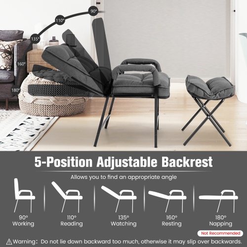 Gymax Modern Accent Chair with Ottoman Linen Fabric Arm Chair with Adjustable Backrest
