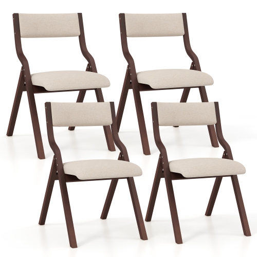 GYMAX  Folding Dining Chairs Set Of 4 Wooden Table Chairs W/ Padded Seat Modern Coffee & In Beige