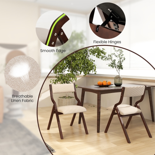 Gymax Folding Dining Chairs Set of 4 Wooden Table Chairs w/ Padded Seat Modern Coffee & Beige
