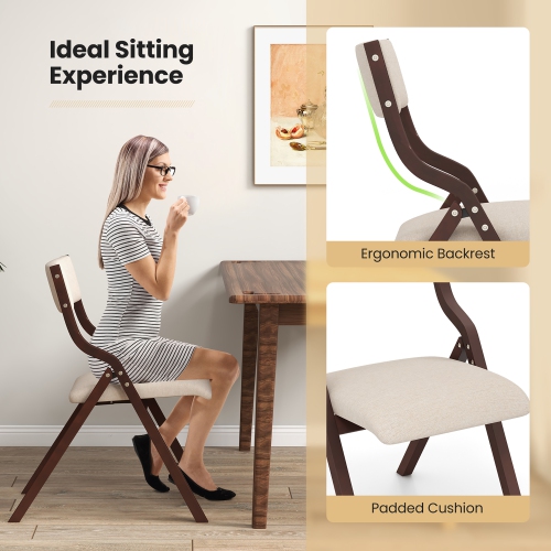 Gymax Folding Dining Chairs Set of 4 Wooden Table Chairs w/ Padded Seat Modern Coffee & Beige