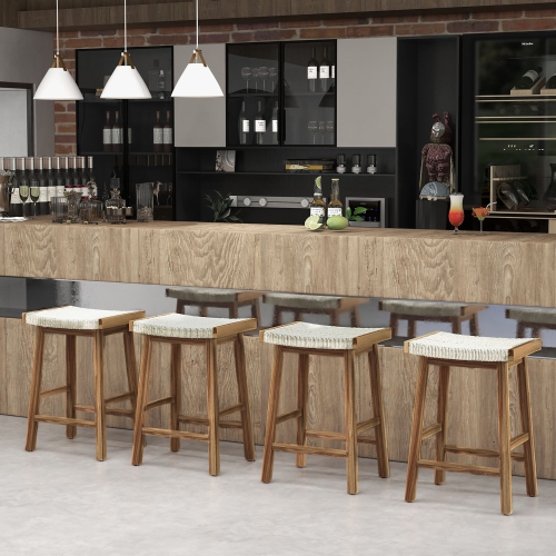 Gymax Set of 4 Saddle Bar Stools 25.5'' Counter Height Dining Stools w/ Seaweed Woven Seat