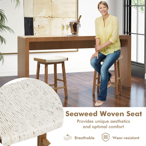 Gymax Set of 4 Saddle Bar Stools 25.5'' Counter Height Dining Stools w/ Seaweed Woven Seat