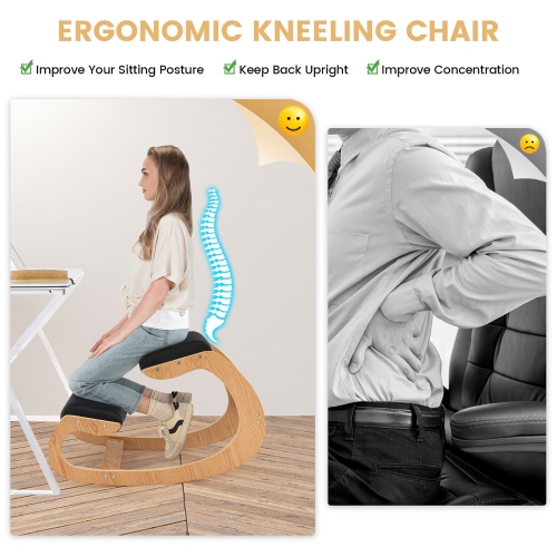 Gymax Ergonomic Kneeling Chair Wood Rocking Posture Stool w/ Cushion Back Neck