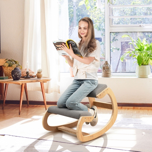 Gymax Ergonomic Kneeling Chair Wood Rocking Posture Stool w/ Cushion Back Neck