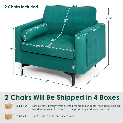 Costway Set of 2 Accent Armchair Single Sofa w/ Bolster Side Storage Pocket Teal