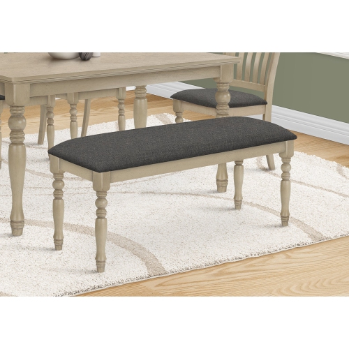 Monarch Specialties I 1393 - Bench, 48" Rectangular, Upholstered, Wood, Entryway, Dining Room, Kitchen, Antique Grey, Grey Fabric, Grey Solid Wood,