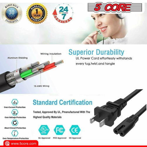 5 Core Extra Long 6ft 2 Prong Non-Polarized AC Wall Power Cable 2 Slot Cord for HP Dell Samsung Sony Asus Acer Toshiba Laptop Charger LED LCD Monitor
