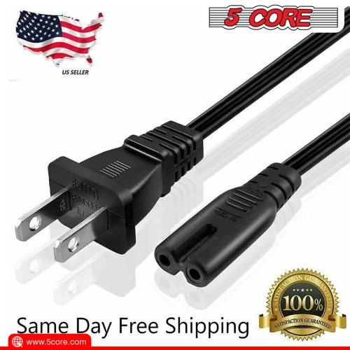 5 Core Extra Long 6ft 2 Prong Non-Polarized AC Wall Power Cable 2 Slot Cord for HP Dell Samsung Sony Asus Acer Toshiba Laptop Charger LED LCD Monitor
