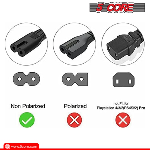 5 Core Extra Long 6ft 2 Prong Non-Polarized AC Wall Power Cable 2 Slot Cord for HP Dell Samsung Sony Asus Acer Toshiba Laptop Charger LED LCD Monitor