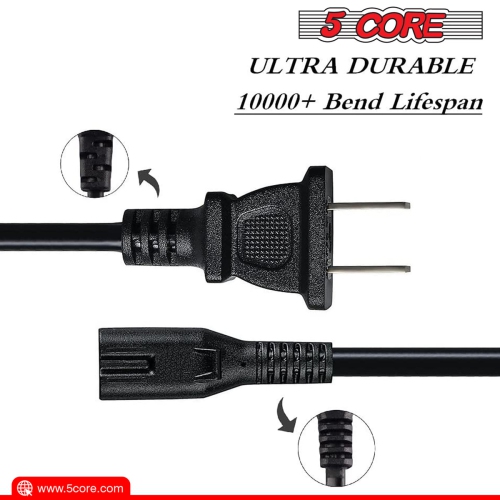 5 Core Extra Long 6ft 2 Prong Non-Polarized AC Wall Power Cable 2 Slot Cord for HP Dell Samsung Sony Asus Acer Toshiba Laptop Charger LED LCD Monitor