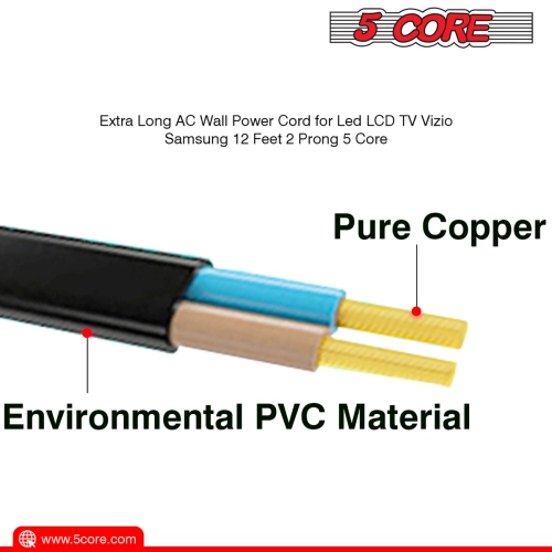 5 Core Extra Long 6ft 2 Prong Non-Polarized AC Wall Power Cable 2 Slot Cord for HP Dell Samsung Sony Asus Acer Toshiba Laptop Charger LED LCD Monitor