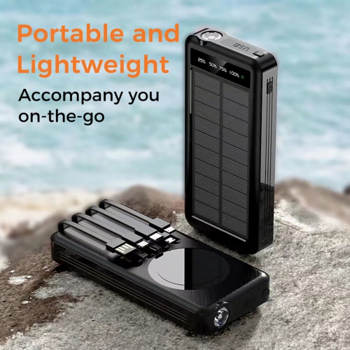 Alpha Digital Outdoor Power Bank-10,000mAh Battery- w/ Solar, Wireless Charging, Built-in Cables, IP65Water/Dust Proof - Black