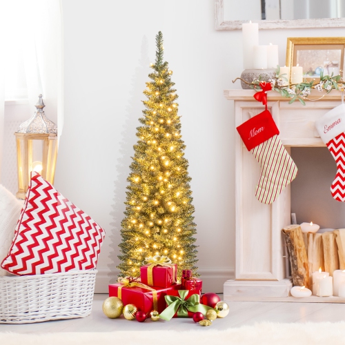 Topbuy 5/6/7/8/9FT Artificial Christmas Tree Pre-lit Pencil Xmas Tree with 296/390/499/591/699 Branch Tips 150/180/200/300/400 Warm White LED Lights