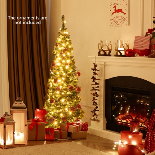 Topbuy 5/6/7/8/9FT Artificial Christmas Tree Pre-lit Pencil Xmas Tree with 296/390/499/591/699 Branch Tips 150/180/200/300/400 Warm White LED Lights