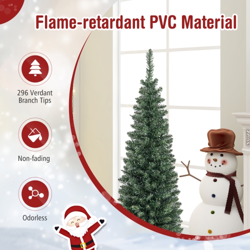 Topbuy 5/6/7/8/9FT Artificial Christmas Tree Pre-lit Pencil Xmas Tree with 296/390/499/591/699 Branch Tips 150/180/200/300/400 Warm White LED Lights