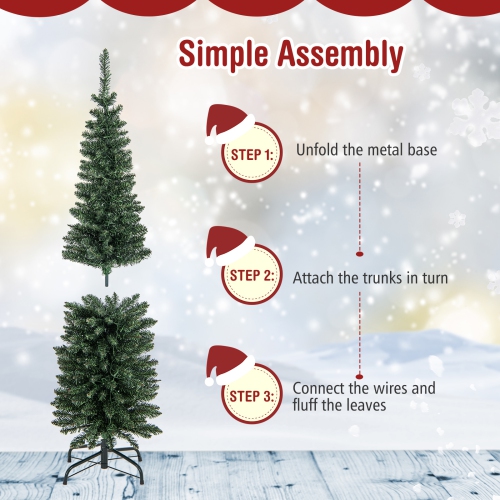 Topbuy 5/6/7/8/9FT Artificial Christmas Tree Pre-lit Pencil Xmas Tree with 296/390/499/591/699 Branch Tips 150/180/200/300/400 Warm White LED Lights