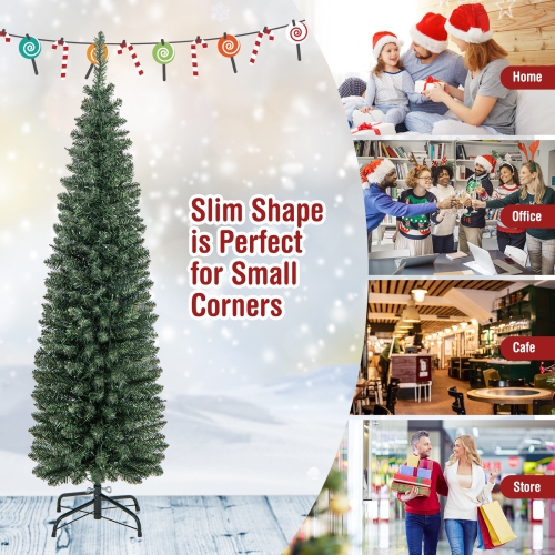 Topbuy 5/6/7/8/9FT Artificial Christmas Tree Pre-lit Pencil Xmas Tree with 296/390/499/591/699 Branch Tips 150/180/200/300/400 Warm White LED Lights