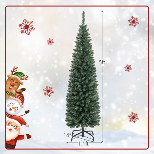 Topbuy 5/6/7/8/9FT Artificial Christmas Tree Pre-lit Pencil Xmas Tree with 296/390/499/591/699 Branch Tips 150/180/200/300/400 Warm White LED Lights