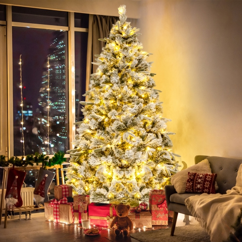 ToprBuy – Arbre de Noël artificiel illuminé de 6/7 pi, arbre de Noël enneigé avec 250/300 lumières à DEL blanc chaud, 752/1096 pointes mixtes