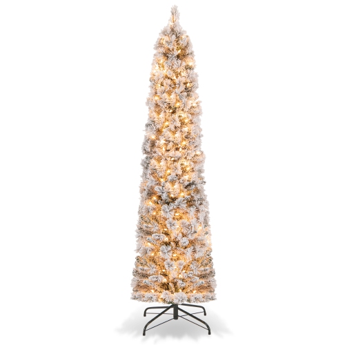 TOPBUY  4.5/6/7Ft Pre-Lit Artificial Christmas Tree Snow-Flocked Pencil Xmas Tree With 100/150/210 Warm Lights 258/373/466 Branch Tips In White