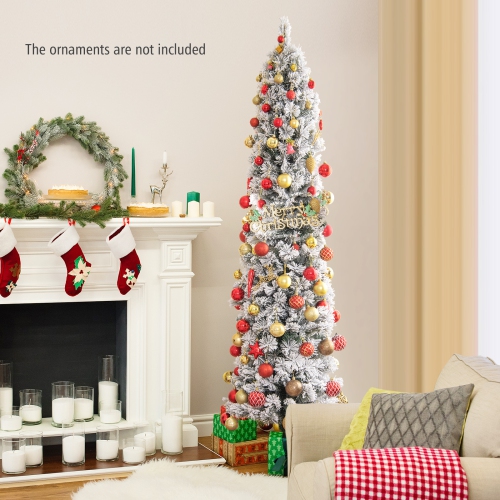 Topbuy 4.5/6/7FT Pre-lit Artificial Christmas Tree Snow-flocked Pencil Xmas Tree with 100/150/210 Warm White Lights 258/373/466 Branch Tips