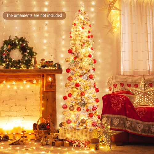 Topbuy 4.5/6/7FT Pre-lit Artificial Christmas Tree Snow-flocked Pencil Xmas Tree with 100/150/210 Warm White Lights 258/373/466 Branch Tips