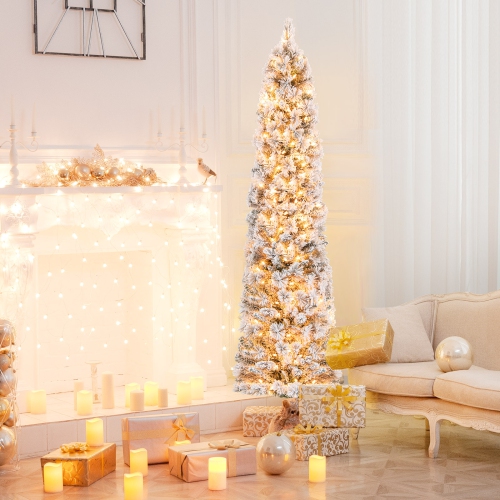 Topbuy 4.5/6/7FT Pre-lit Artificial Christmas Tree Snow-flocked Pencil Xmas Tree with 100/150/210 Warm White Lights 258/373/466 Branch Tips