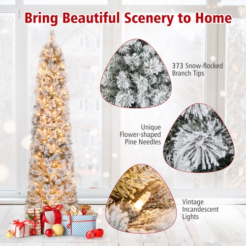 Topbuy 4.5/6/7FT Pre-lit Artificial Christmas Tree Snow-flocked Pencil Xmas Tree with 100/150/210 Warm White Lights 258/373/466 Branch Tips