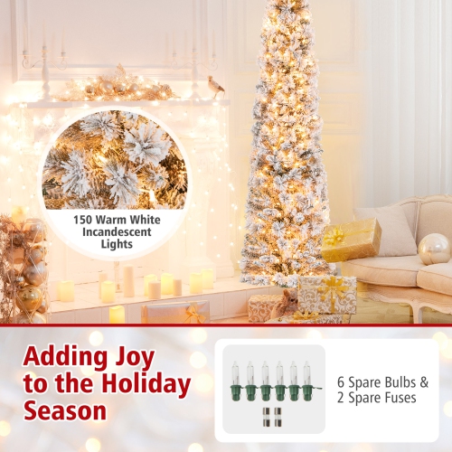 Topbuy 4.5/6/7FT Pre-lit Artificial Christmas Tree Snow-flocked Pencil Xmas Tree with 100/150/210 Warm White Lights 258/373/466 Branch Tips