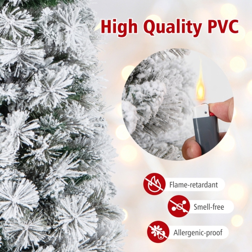Topbuy 4.5/6/7FT Pre-lit Artificial Christmas Tree Snow-flocked Pencil Xmas Tree with 100/150/210 Warm White Lights 258/373/466 Branch Tips