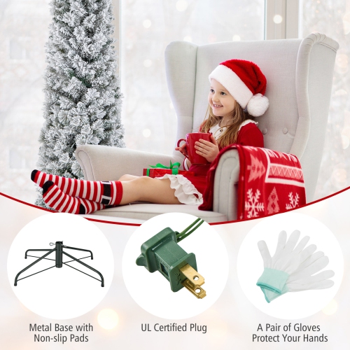 Topbuy 4.5/6/7FT Pre-lit Artificial Christmas Tree Snow-flocked Pencil Xmas Tree with 100/150/210 Warm White Lights 258/373/466 Branch Tips