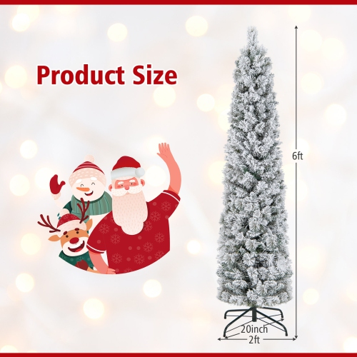 Topbuy 4.5/6/7FT Pre-lit Artificial Christmas Tree Snow-flocked Pencil Xmas Tree with 100/150/210 Warm White Lights 258/373/466 Branch Tips
