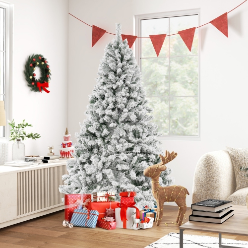 Topbuy 6/7/8 FT Pre-lit Artificial Christmas Tree Hinged Snow-flocked Xmas Tree with 644/956/1370 Branch Tips 300/450/600 Warm White LED Lights