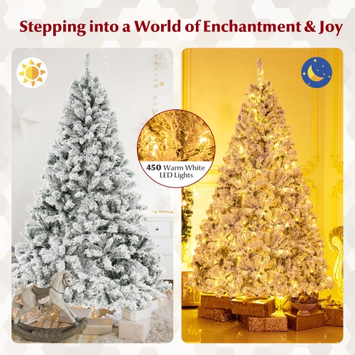 Topbuy 6/7/8 FT Pre-lit Artificial Christmas Tree Hinged Snow-flocked Xmas Tree with 644/956/1370 Branch Tips 300/450/600 Warm White LED Lights