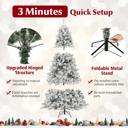 Topbuy 6/7/8 FT Pre-lit Artificial Christmas Tree Hinged Snow-flocked Xmas Tree with 644/956/1370 Branch Tips 300/450/600 Warm White LED Lights