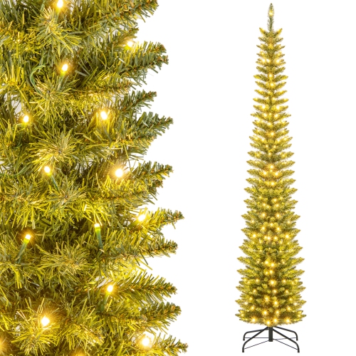 TOPBUY  5/6/7/8/9Ft Artificial Christmas Tree Pre-Lit Pencil Xmas Tree With 296/390/499/591/699 Branch Tips 150/180/200/300/400 Warm Led Lights