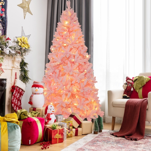 Topbuy 6/7FT Pink Artificial Christmas Tree Pre-lit Hinged Snow Flocked Xmas Tree with 808/1200 Branch Tips 8 Lighting Modes