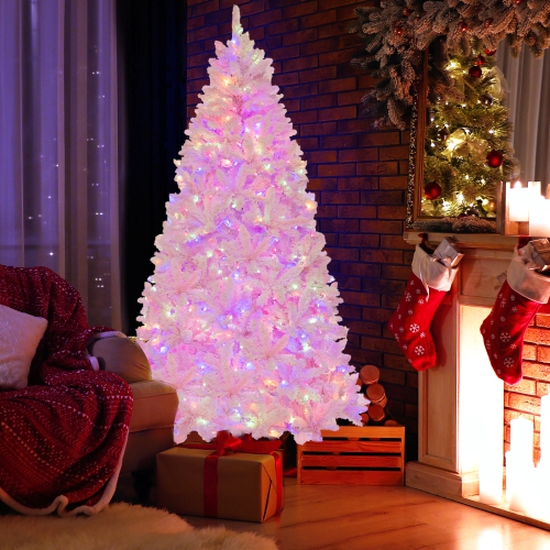 Topbuy 6/7FT Pink Artificial Christmas Tree Pre-lit Hinged Snow Flocked Xmas Tree with 808/1200 Branch Tips 8 Lighting Modes