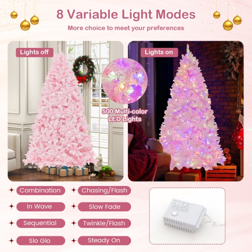 Topbuy 6/7FT Pink Artificial Christmas Tree Pre-lit Hinged Snow Flocked Xmas Tree with 808/1200 Branch Tips 8 Lighting Modes