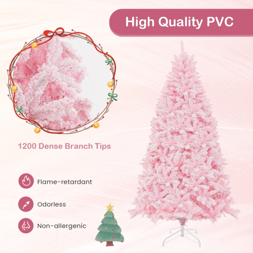 Topbuy 6/7FT Pink Artificial Christmas Tree Pre-lit Hinged Snow Flocked Xmas Tree with 808/1200 Branch Tips 8 Lighting Modes