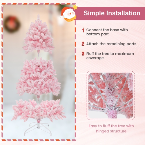 Topbuy 6/7FT Pink Artificial Christmas Tree Pre-lit Hinged Snow Flocked Xmas Tree with 808/1200 Branch Tips 8 Lighting Modes