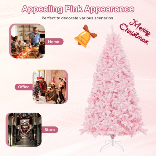 Topbuy 6/7FT Pink Artificial Christmas Tree Pre-lit Hinged Snow Flocked Xmas Tree with 808/1200 Branch Tips 8 Lighting Modes