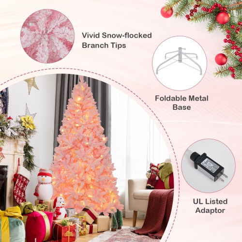 Topbuy 6/7FT Pink Artificial Christmas Tree Pre-lit Hinged Snow Flocked Xmas Tree with 808/1200 Branch Tips 8 Lighting Modes