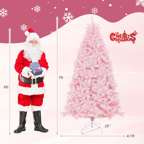 Topbuy 6/7FT Pink Artificial Christmas Tree Pre-lit Hinged Snow Flocked Xmas Tree with 808/1200 Branch Tips 8 Lighting Modes