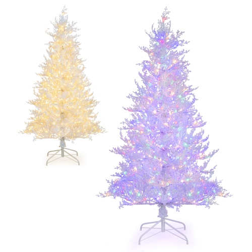 TOPBUY  6Ft Pre-Lit Artificial Xmas Tree Hinged Christmas Tree With 383 Snow Flocked Branch Tips 300 Warm & Multi-Colored Led Lights In White