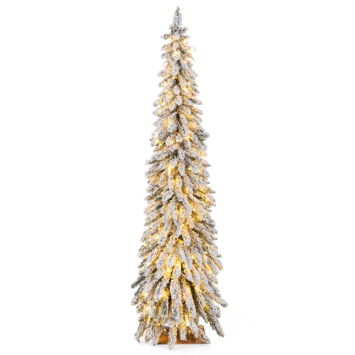Topbuy 4/5/6FT Pre-lit Artificial Christmas Tree Snow-flocked Xmas Pencil Tree with 225/334/407 Branch Tips 100/150/250 LED Lights 2 Lighting Colors