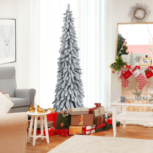 Topbuy 4/5/6FT Pre-lit Artificial Christmas Tree Snow-flocked Xmas Pencil Tree with 225/334/407 Branch Tips 100/150/250 LED Lights 2 Lighting Colors