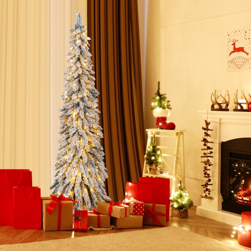 Topbuy 4/5/6FT Pre-lit Artificial Christmas Tree Snow-flocked Xmas Pencil Tree with 225/334/407 Branch Tips 100/150/250 LED Lights 2 Lighting Colors